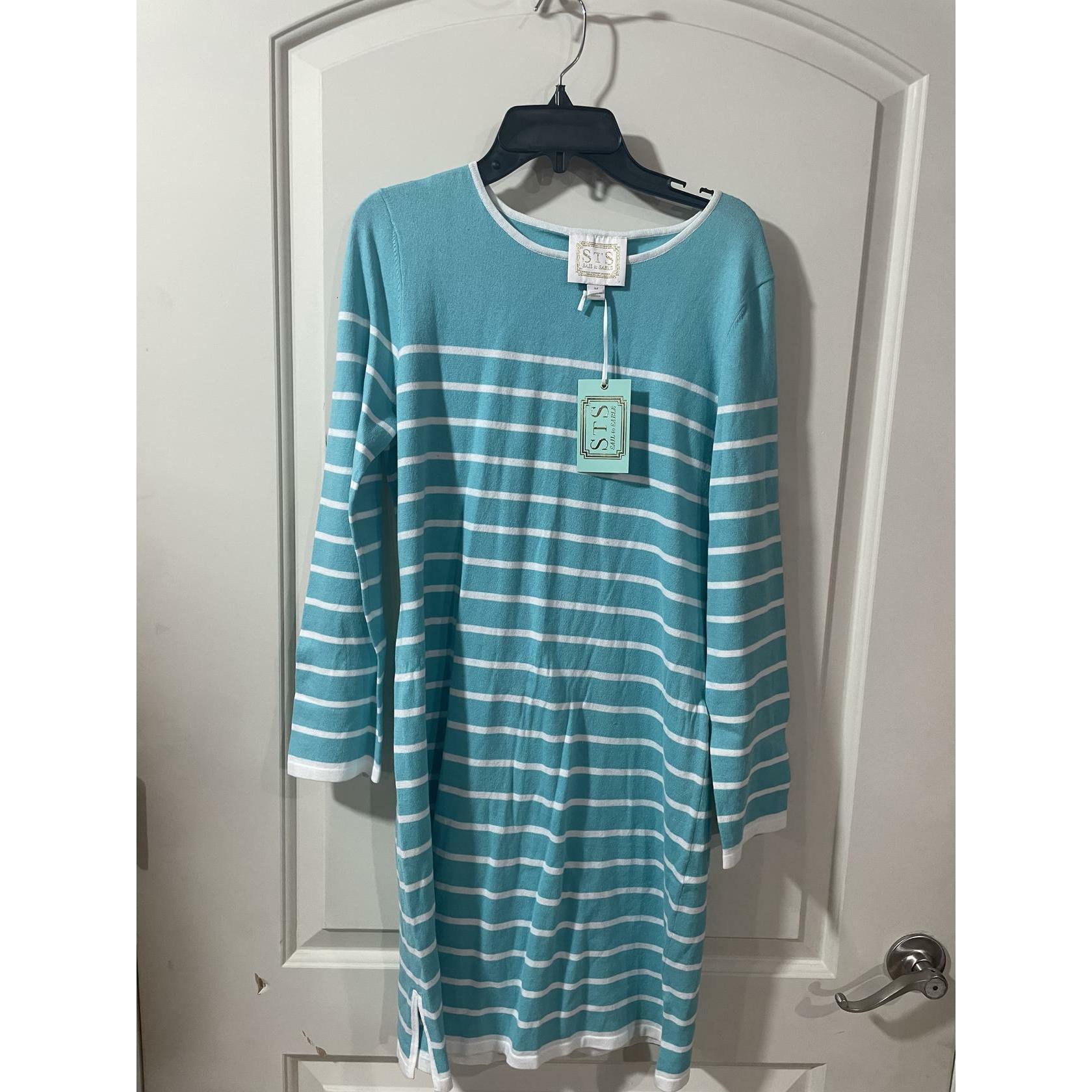 Sail To Sable Long Sleeve Aqua & White Stripe Knit Dress Size Medium Retail $138